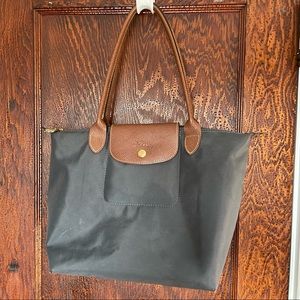 Longchamp Le Pliage Small Gun Metal Grey Long Handle Strap Nylon Tote Bag